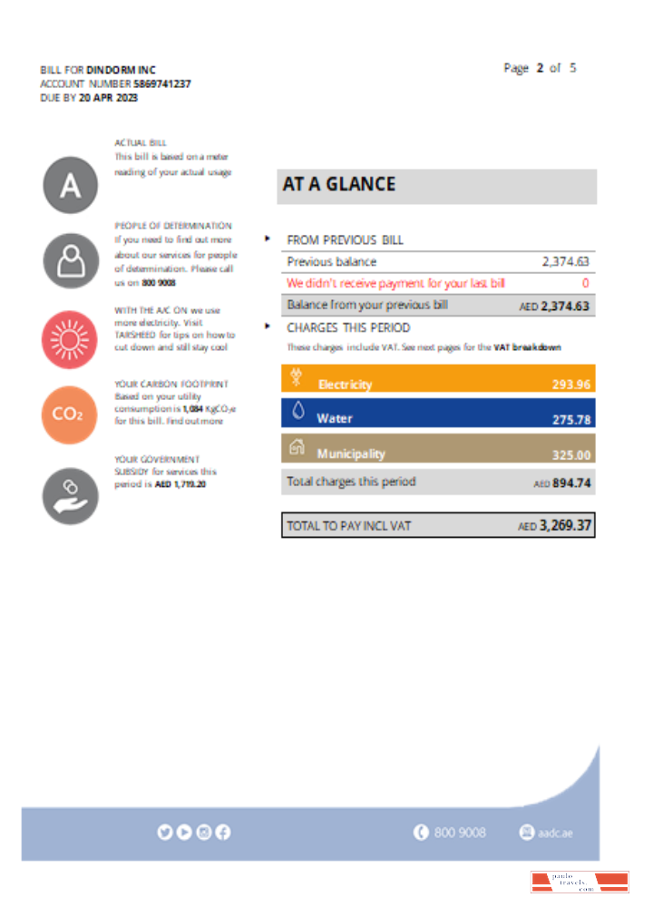 Al Ain Distribution Company utility business bill, page 2, SCR PSD template